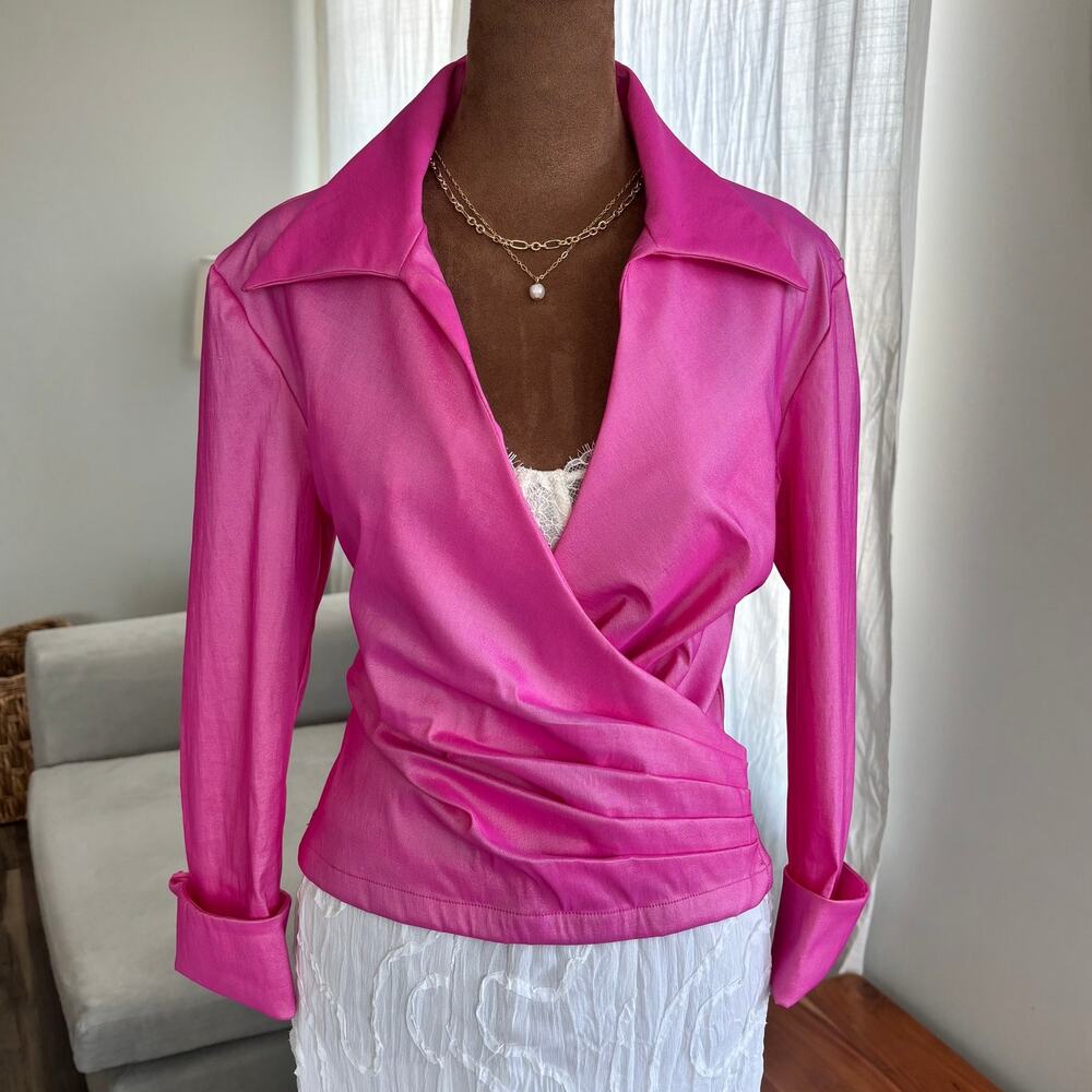 90s Vintage Lillie Rubin Liquid Sheen Barbie Pink Blouse Holographic Effect 10